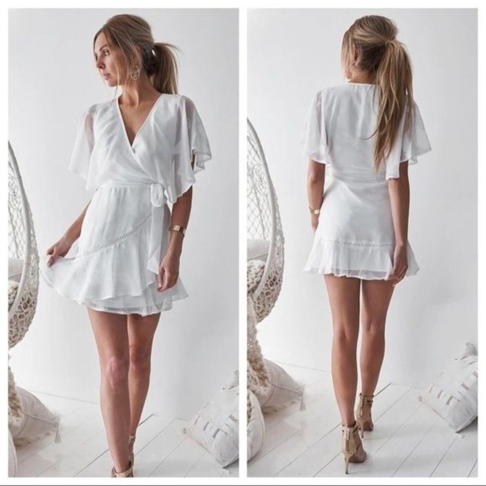 White Wrap Mini Dress with Flutter Sleeves